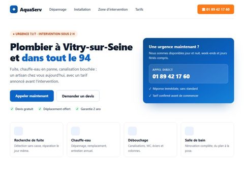 Exemple de site internet pour un plombier : dépannage d'urgence, numéro en évidence et devis gratuit