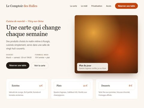 Exemple de site internet pour un restaurant à Vitry-sur-Seine : carte, formule du midi et réservation